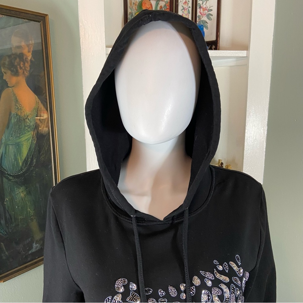 Chico's Zenergy Sz 2 French Terry Black Hoodie Leopard Print Silver Sequin Beads - Picture 6 of 12